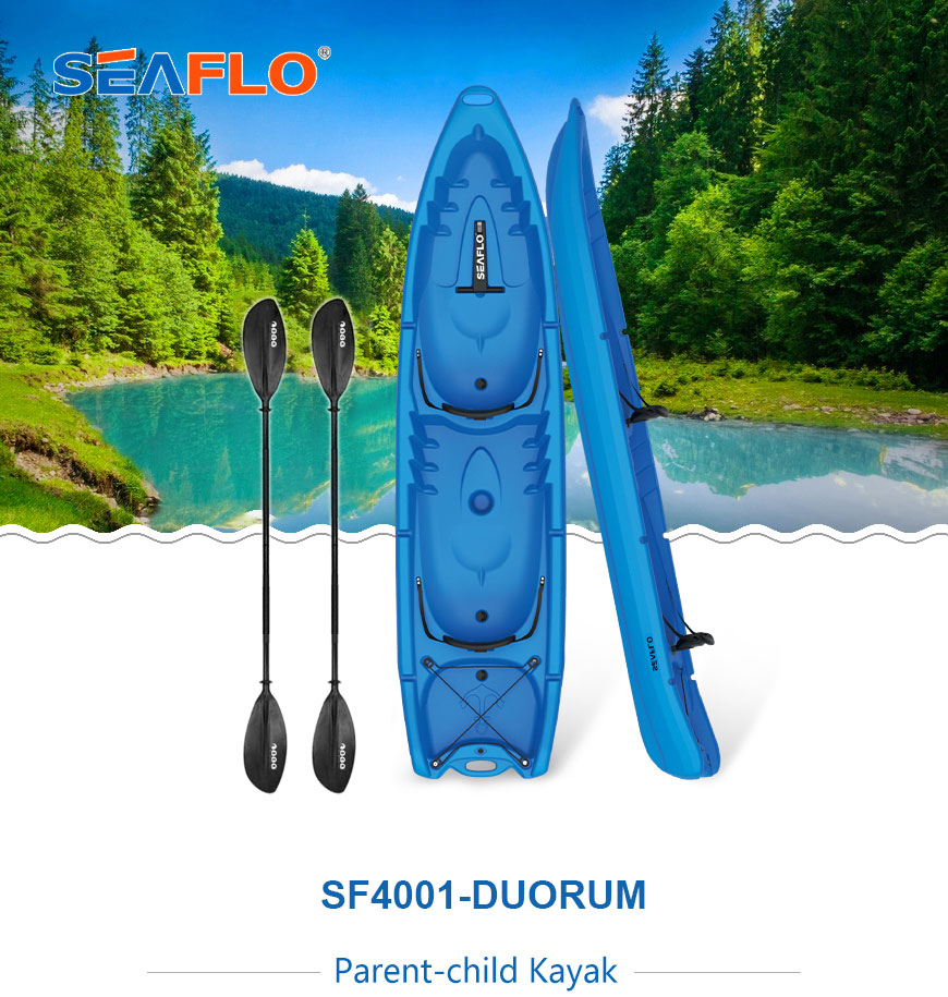 seaflo duorum double seat kayak blue with two kayak paddles