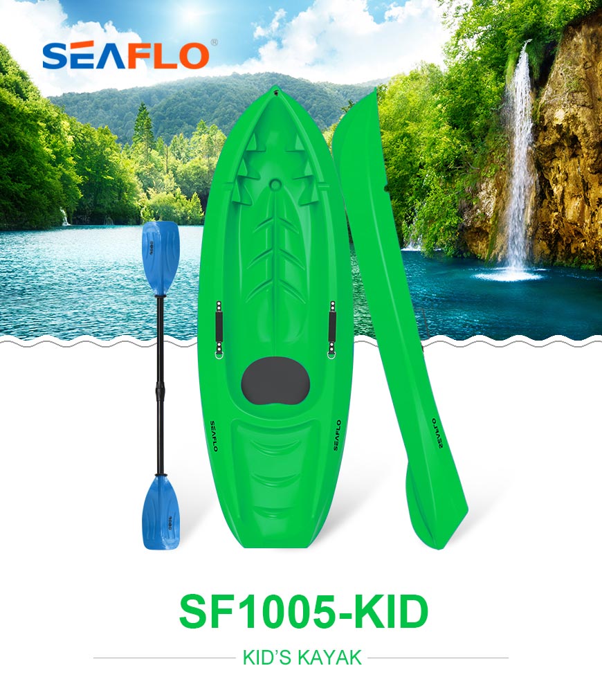 Seaflo Kids kayak in green color with SCK kids paddle